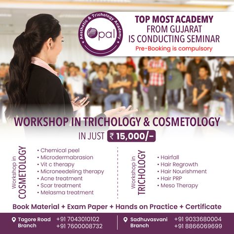 🌟 Upgrade Your Skills in Trichology and Cosmetology! 🌟 Join the seminar/workshop conducted by Opal Clinic, one of the top academies in Gujarat for just 15,000/-. Get hands-on practice, study materials, exam papers, and a certificate.📚📝 Don't miss this opportunity to enhance your expertise! Opal Clinic Rajkot, Gujarat #Trichology #Cosmetology #Cosmetologyworkshop #Trichologyworkshop #OpalClinic Exam Papers, Chemical Peel, Hair Regrowth, Study Materials, Cosmetology, Hands On, Opal, Acne