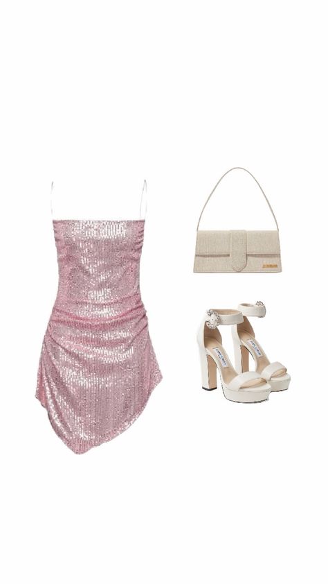 Sparkly Dress Aesthetic, Sparkly Dress Outfit, Pink Sparkly Mini Dress, Party Dress Aesthetic, Short Sparkly Dresses, Pink Outfits Aesthetic, Westwood Earrings, Heels Pearl, Pink Sparkly Dress