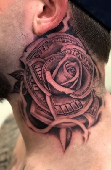 Rose Tattoo On Neck, Dollar Rose, Rose Neck Tattoo, Rose Tattoo On Hip, Money Rose Tattoo, Tattoo On Neck, Rose Tattoo Stencil, Rose Tattoo Meaning, Rose Tattoo On Arm