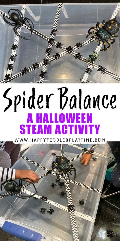 Balance the Spiders: Halloween STEAM - HAPPY TODDLER PLAYTIME Spider Provocations Preschool, Cognitive Halloween Activities, Reggio Halloween Art, Halloween Cognitive Activities Preschool, Halloween Cognitive Activities, Halloween Provocations, Very Busy Spider Activities, Spider Theme Preschool, Spider Science