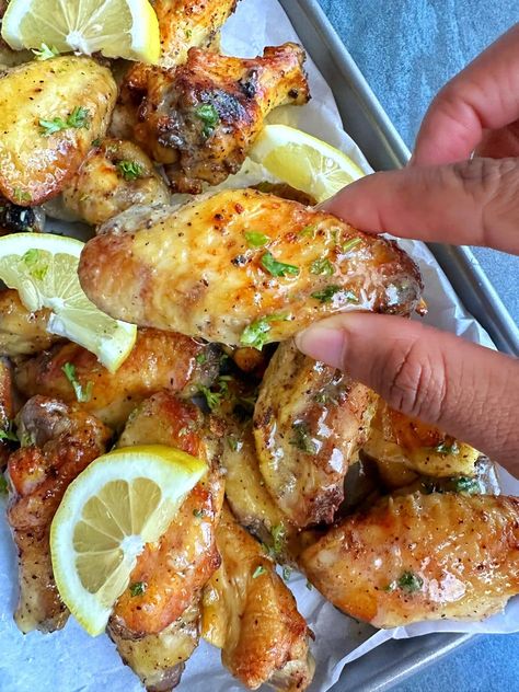 ATL-Style Lemon Pepper Wet Wings (Air Fried or Baked!) - Coined Cuisine Lemon Peper Wings, Seafood Butter Sauce Recipe, Easy Cajun Shrimp, Cajun Shrimp And Grits, Lemon Pepper Chicken Wings, Wing Sauce Recipes, Lemon Pepper Wings, Homemade Fries, Dinner Today