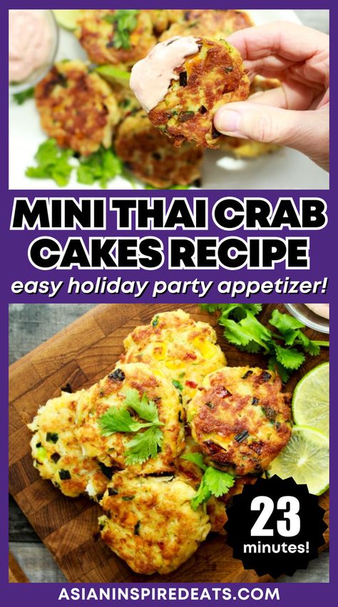 cutting board piled up with mini crab cakes next to a ramekin of dipping sauce Asian Crab Cakes, Thai Crab Cakes, Crab Cake Recipe Easy, Easy Holiday Party Appetizers, Thai Chili Peppers, Thai Appetizer, Thai Red Chili, Mini Crab Cakes, Lump Crab Meat