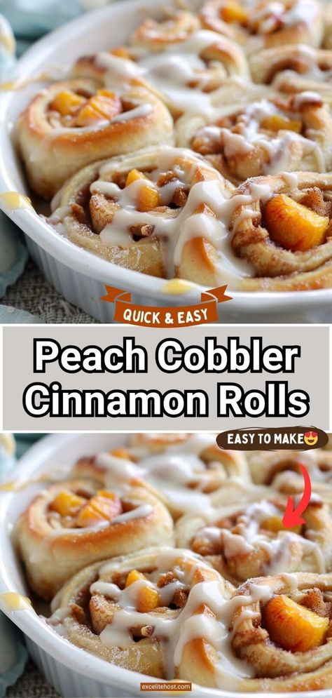 These peach cobbler cinnamon rolls are a very gooey and soft roll. It is filled with brown sugar/ cinnamon, peach jam, and cinnamon crumb topping. They are topped with cream cheese icing. This recipe is perfect if you want to use fresh or frozen peaches. Peach Cobbler Rolls, Peach Cobbler Egg Rolls, Peach Cobbler Cinnamon Rolls, Peaches Cream Cheese, Cinnamon Biscuits, Frozen Peaches, Pillsbury Biscuits, Cinnamon Rolls Easy, Peach Cobbler Easy