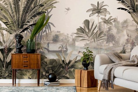 Nature Inspired Wallpaper Murals Fit for A Castle - The Ace of Space Dark Green Living Room, Jungle Wall Mural, Jungle Wall, Interior Design Games, Retro Living Rooms, View Wallpaper, Jungle Wallpaper, Living Room Trends, Tropical Wallpaper