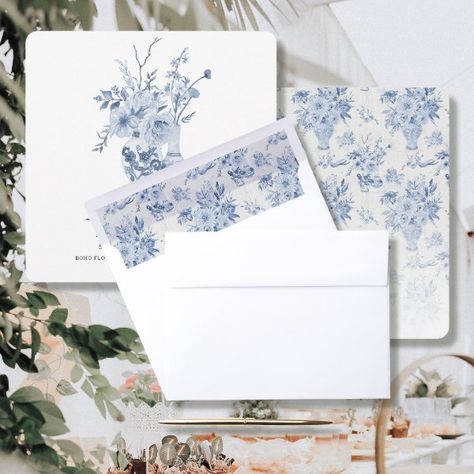 Square Blue n White Floral Elegant Bridal Shower Envelope Liner Blue And White Vases, Blue And White Chinoiserie, Flowers Painted, Elegant Bridal Shower, Blue And White Vase, Chinese Blue, Envelope Liner, Victorian Design, Watercolor Flowers Paintings