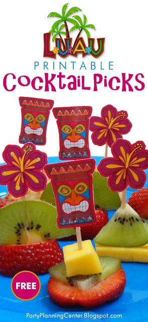 FREE Printable Hawaiian Luau Cocktail Picks | The printable template features colorful tiki masks and hibiscus flowers that can be used to make cocktail picks or cupcake toppers  #Luau #LuauAppetizers #PartyFood #HawaiianParty #Hawaiian  #Cupcakes #CarlaChadwick Luau Appetizers, Kids Luau Parties, Sweet 16 Party Themes, Luau Party Invitations, Tiki Masks, Luau Food, Luau Decorations, Luau Party Decorations, Hawaiian Luau Party