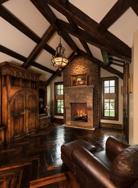 Tudor style office with Rumford fireplace and Cyprus floors. Tudor Style Home Library, Tudor Homes Interior Design, Tudor Style Interior, Tudor House Interior, Tudor Interior Design, Tudor Cottage Interior, Tudor Fireplace, Fairytale Homes, Rumford Fireplace