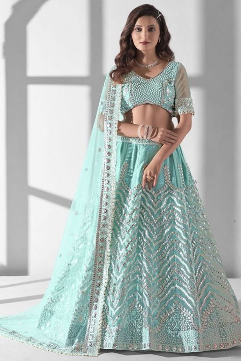 Aqua Blue Embroidered Net Designer Lehenga Choli Indian Ghagra Choli, Indian Ghagra, Gota Patti Lehenga, Faux Mirror, Plus Size Lehenga, Sequin Lehenga, Gota Patti Work, Bridesmaid Lehenga, Powder Blue Color