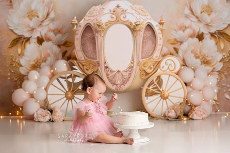 Pink gold princess horse carriage Cinderella carriage floral painted backdrop cake smash first birthday Up Cake Smash, Gold Carriage, Theme Photoshoot, Baby Shower Background, Princess Theme Birthday, Princess Theme Birthday Party, Smash Cake Girl, Princess Carriage, Cake Smash Backdrop