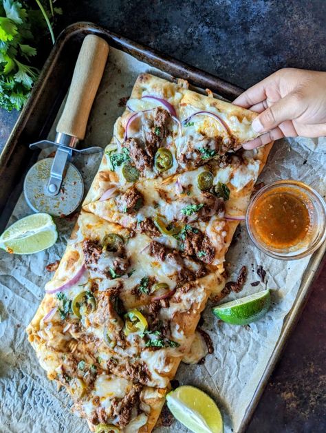 Birria Pizza {Tik Tok Trader Joe's Birria Pizza Recipe}FacebookInstagramPinterestTwitterYouTube Carne Asada Crockpot, Trader Joes Pizza Recipe, Birria Pizza, Beef Birria, Beef Pizza, Cheese Crust Pizza, Trader Joes Recipes, Cooking Pizza, Meals Recipes