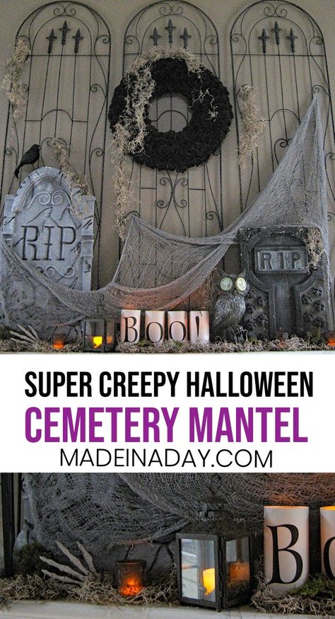 Cemetery Halloween Mantel, Create an indoor cemetery for your next Halloween Party with a garden trellis! Tombstones, solar owl, Halloween party decor #halloween #Halloweenmantel #halloweendecor #halloweendecorating #cemetery Halloween Trellis Decorations, Indoor Cemetery Halloween, Diy Halloween Graveyard, Cemetery Halloween, Halloween Mantel Decor, Owl Halloween, Halloween Graveyard, Halloween Mantel, Halloween Tombstones