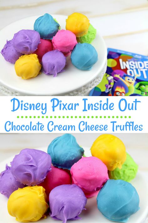 Chocolate Cream Cheese Truffles inspired by Disney Pixar Inside Out. Get the no-bake and gluten-free cream cheese truffles recipe. #PixarFest Inside Out Food Disney, Inside Out Snack Ideas, Inside Out Inspired Food, Inside Out Treats, Inside Out Snacks, Inside Out Themed Food, Disney Baking Recipes, Disney Food Ideas, Cream Cheese Truffles