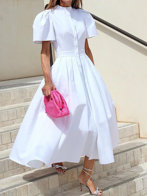 Elegant Stand Collar Plain Maxi Dress | stylewe White Modest Outfit, Tea Dress Outfit, Ladies Wear Dresses, High Tea Dress, Elegant Fits, Dresses Business Casual, All White Party Outfits, Tea Party Attire, Inexpensive Dresses