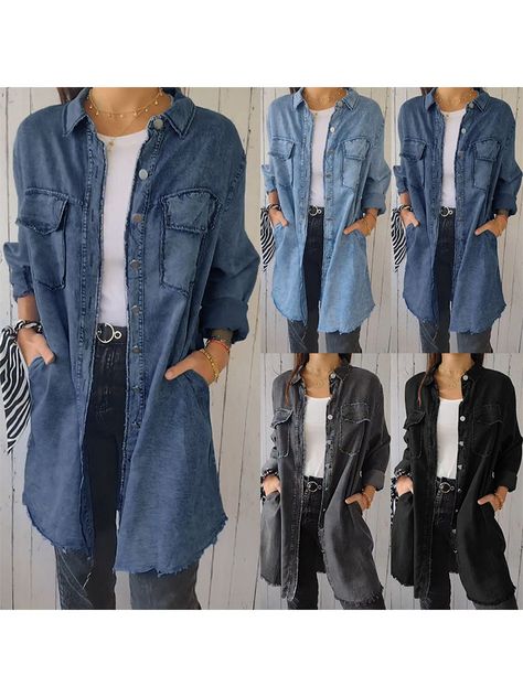 Long Sleeve Women Casual Denim Jackets Turn Down Collar Ladies Single Breasted Jeans Outerwear Coats Street Style Autumn, Long Denim Shirt, Y2k Fall Outfits, Denim Coat Women, Pu Leather Skirt, Long Skirt Fashion, 2 Piece Skirt Set, Long Skirts For Women, Long Midi Dress