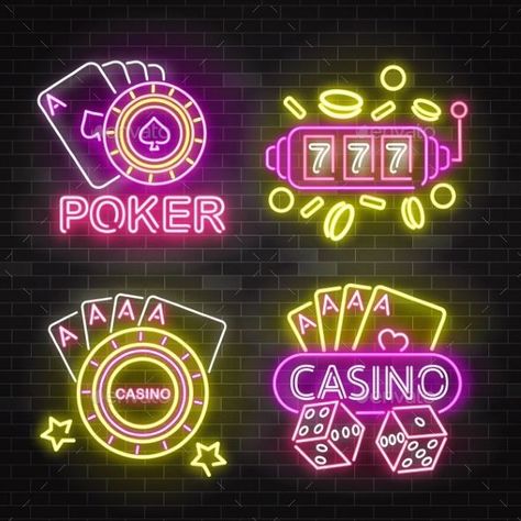 Set of Casino Neon Illuminated Signboards Casino Cake, Black Brick Wall, Background Bright, Brick Wall Background, Black Brick, Good Day Song, Light Letters, Vegas Baby, Casino Theme