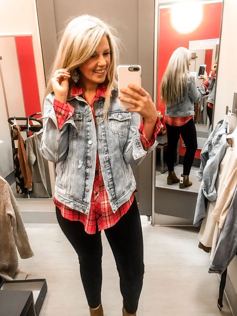 Flannel And Denim Jacket Outfit, Flannel With Jean Jacket, Flannel And Jean Jacket Outfit, How To Style A Flannel, Styling A Flannel, Winter Jeans Jacket, Jean Jacket Outfit, Flannel Jeans, Mom Cave