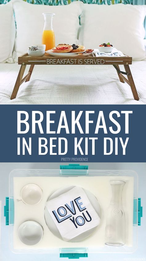 #ad Make this DIY Breakfast in Bed kit, complete with a personalized breakfast tray and special napkins! Perfect for Mother's Day, Father's Day, birthdays, and at-home dates! #cricut #cricutmade #cricutcreated #breakfastinbed #athomedate #indoordateideas #birthdays #mothersday #fathersday #family #familytraditions Fathers Day Breakfast In Bed Ideas, Breakfast In Bed Tray Ideas, Diy Breakfast Tray, Indoor Date Ideas, Breakfast In Bed Tray, Valentines Breakfast, Diy Breakfast, Birthday Breakfast, Bed Tray