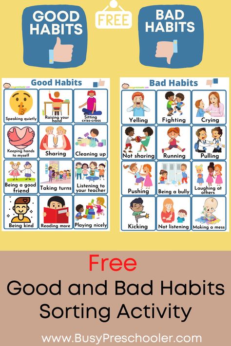 Good and Bad Choices - Sorting Activity For Kids | Free Download Manners Chart, Good Habits For Kids, Manners For Kids, Child Behavior Chart, Social Skills For Kids, Bad Choices, Social Skills Activities, Bad Kids, Classroom Rules