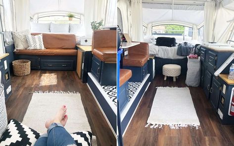 A Navy Blue Makeover Pop Up Camper Remodel, Tent Trailer Remodel, Rv Decorating Ideas, Popup Camper Remodel, Rv Decorating, Glamper Camper, Pop Up Trailer, Camper Trailer Remodel, Old Campers