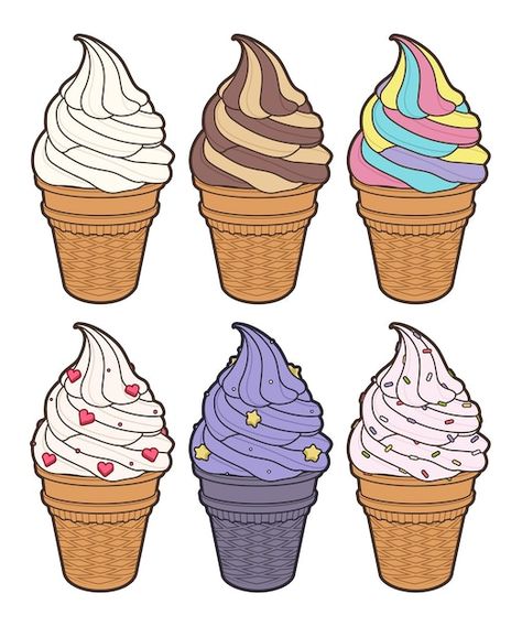 Soft Serve Illustration, Soft Serve Ice Cream Illustration, Cute Ice Cream Illustration, Ice Cream Cartoon Images, Ice Cream Kartun, Animated Ice Cream, Ice Cream Cone Drawing, Beach Drawings, Cartoon Bees