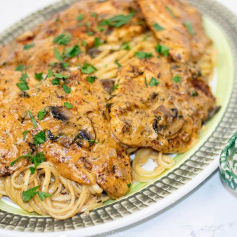 Chicken with Creamy Mushroom Sauce Dry Sherry Recipes, Smothered Chicken, Chicken Tenderloins, Creamy Mushroom Sauce, Chicken Breast Seasoning, Creole Seasoning, Sauteed Chicken, Mushroom Sauce, Creamy Mushrooms