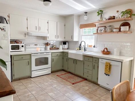 Small Kitchen Sage Cabinets, Green And White Small Kitchen, Green And White Cupboards, White And Sage Cabinets Kitchen, White And Sage Cabinets, White Countertop Green Cabinets, White Cabinets Kitchen Design, Kitchen With Green And White Cabinets, Sage And White Cabinets