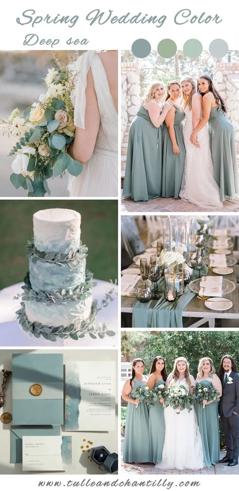 2022 spring wedding idea in deep sea bridesmaid dresses Sea Glass Wedding Bridesmaid Dress, Sea Green Wedding Colors, Sea Glass Color Wedding Theme, Deep Sage Bridesmaid Dresses, Sea Glass Blue Bridesmaid Dresses, Deep Sea Blue Wedding, Aqua Marine Wedding Theme, Wedding Dresses Spring 2023, Sea Glass And Gold Wedding Colors