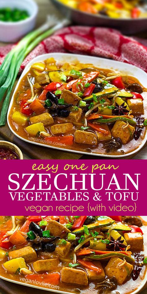 Szechuan Vegetables and Tofu – an easy vegan one pan Chinese dish recipe for stir-fried vegetables with tofu in a fragrant spiced chilli sauce. This recipe is actually not overly hot and is in fact well balanced with every thinkable flavour and texture mingled in one dish.  Watch the video - https://youtu.be/SmXAslzLLQc  #szechuanrecipe #veganszechuan #Chineserecipes #veganChineserecipes #veganlovlie #veganrecipes #spicyveganrecipes Szechuan Vegetables, Chinese Dishes Recipes, Spicy Vegan Recipes, Szechuan Recipes, Tofu Recipes Healthy, Cooking Tofu, Tofu Recipes Vegan, Chinese Recipe, Tofu Dishes