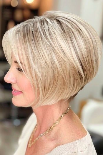 Rounded Wedge Bob Haircut on smiling woman in her 50s with blonde hair, side view. Undercut Bob Haircut For Fine Hair, Chin Length Bobs, Wedge Bob Haircuts, Hair Side View, Wedge Haircuts, Bob Haircut Back View, Undercut Bob Haircut, Wedge Haircut, Undercut Bob