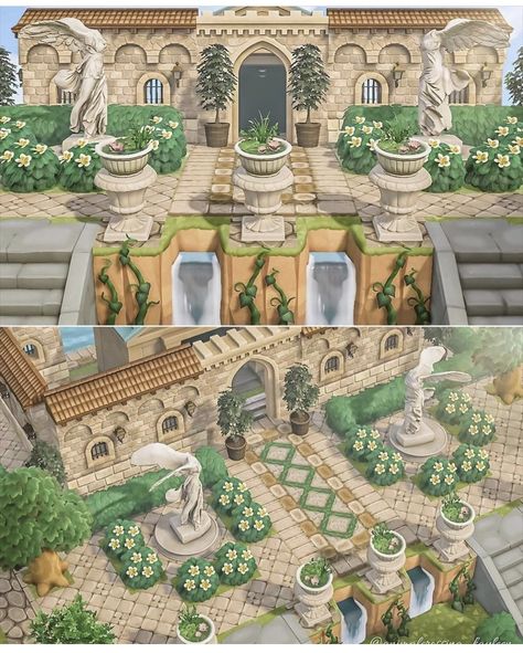 Museum Animal Crossing, Acnh Anime, Animal Crossing Museum, Acnh Landscaping, Acnh Garden, Greek Animals, Greek Garden, Plaza Design, Museum Design