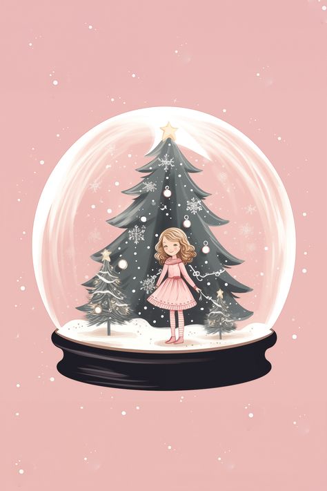 Girl in pink dress inside a snow globe with Christmas trees and falling snow illustration Christmas Drawing Snowglobe, Snowglobe Drawing, Snowglobe Illustration, Snow Globe Illustration, Pink Snow Globe, Coconut Painting, Navidad Pink, Christmas Coconut, Freebies Stickers