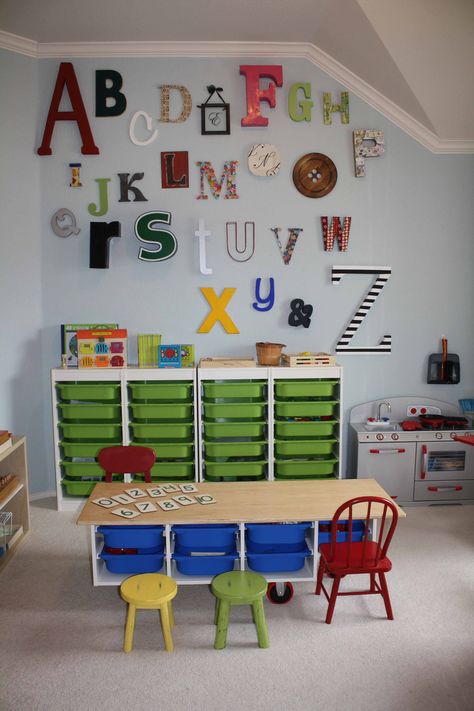 Montessori Homeschool Room love the ABC wall idea Preschool Rooms, Basement Playroom, Preschool Classroom Decor, Montessori Homeschool, Homeschool Classroom, School Room, Classroom Design, Toy Rooms, Preschool Classroom