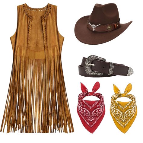 PRICES MAY VARY. Faux suede Imported 5Pcs Western Cowboy Costume - Women's Western Cowgirl Hippie Outfit includes a long vest, a western cowboy hat, a women's cowgirl belt and two different colors paisley bandanas, （Can be paired with different styles） altogether 5pcs, Completely enough for you to perfectly showcase the retro Western cowboy style. Size Suitable for Most Adults - The fringe tops for women is available in various sizes - M, L, XL, XXL. The womens western hat has a head circumferen Urban Cowboy Costume Ideas, Farm Theme Outfit Women, Hoedown Party Ideas Outfit, Retro Cowgirl Outfits, Wild Wild West Theme Party Outfit, Hoedown Outfits, Western Theme Party Outfit, Cowboy Costume Women's, Hoedown Outfit