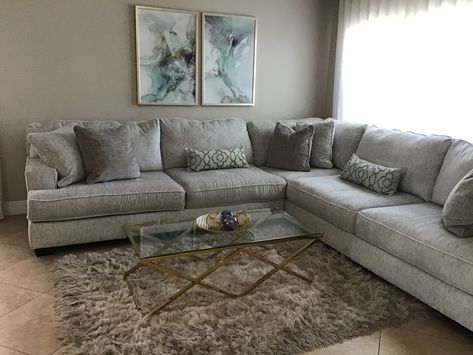 Ashley Rawcliffe Sectional, Rawcliffe Sectional, Round Glass Coffee Table, Family Room Furniture, Accent Ottoman, Living Room Update, Room Update, 3 Piece Sectional, Ashley Furniture Homestore