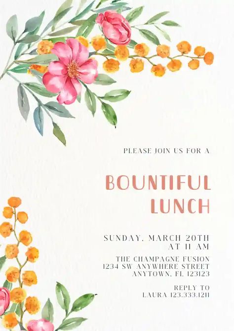 Lunch Invitation, Spring Lunch, Online Invitation, Colorful Invitations, Watercolor Spring, Invitation Maker, Spring Brunch, Online Invitations, Spring Flower