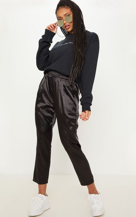 Black Satin Boxer Track PantsNail your essential wardrobe with these go-to boxer track pants. fea... Black Satin Fabric, Slacks For Women, Essential Wardrobe, Slack Pants, Jogger Sweatpants, Oversized Tee, Womens Sweatpants, Black Satin, Jogger Pants