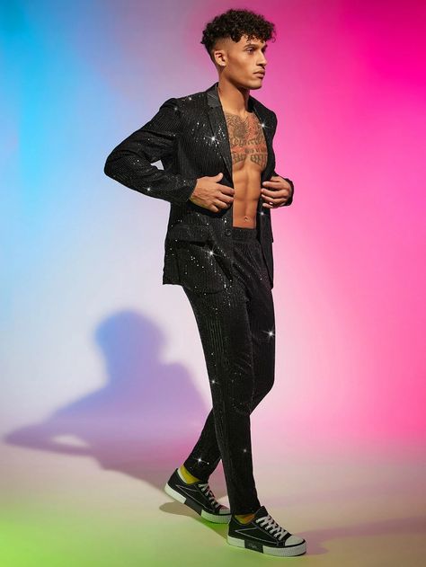 SHEIN Men Lapel Collar Sequin Blazer & Pants Set | SHEIN USA Blazer Pants Set, Shein Men, Slim Fit Suit Men, Glitter Shirt, Sequin Blazer, Slim Fit Suits, Style Noir, Blazers For Men, Black Sequins