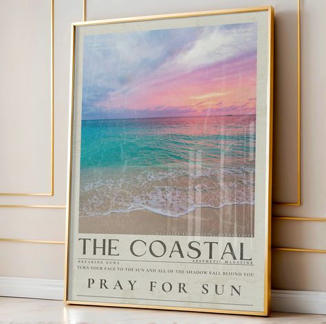 The Coastal Beachy Summer Print Vintage Newspaper Wall Art, Pray For Sun Poster, Coastal Ocean Inspired Sunset Magazine, Dorm Wall Decor by VenusArtPosters on Etsy Cute Beachy Paintings, Gcu Apartment, Wall Prints Dorm, Chic Posters, Newspaper Wall Art, Magazine Wall Art, Newspaper Wall, Beachy Art, Sun Poster