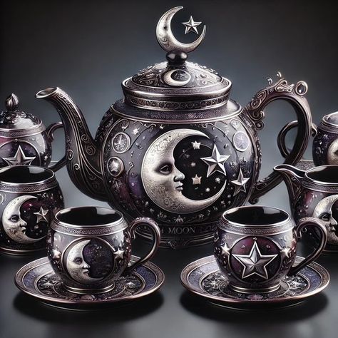 Goth Tea Set, Ceramic Tea Set Ideas, Gothic Tea Set, Moon Tea, Princess Decor, Witch Kitchen, Witch Moon, Dark Princess, Princess Decorations