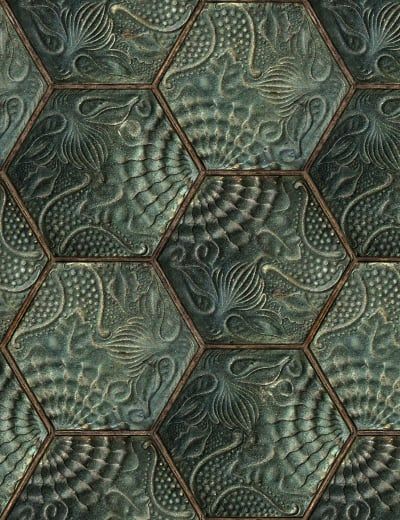 Wallpaper with concrete hexagon tiles Intricate Designs Pattern, Hexagon Wall Art, Hexagon Decor, Wallpaper Design Ideas, Hexagonal Tiles, Green Wall Design, Tile Design Ideas, Tiles Wallpaper, Hexagonal Pattern