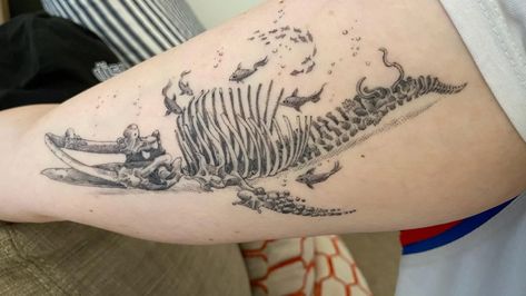 Ocean Skeleton Tattoo, Marine Bio Tattoo, Whale Tattoo Back, Whale Back Tattoo, Biochemistry Tattoo, Coelacanth Tattoo, Whale Skeleton Tattoo, Pacific Rim Tattoo, Marine Biology Tattoo