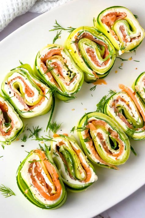 These super easy cucumber roll ups are filled with cream cheese and smoked salmon, making them the perfect appetizer and savory snack for warm summer days. Totally gluten-free with dairy-free option too. Cucumber Rolls Appetizers, Watermelon Goat Cheese Salad, Cucumber Wraps, Fluffy Bread Recipe, Cucumber Roll Ups, Mango Milkshake, Cream Cheese Roll Up, Cucumber Rolls, Salmon Roll