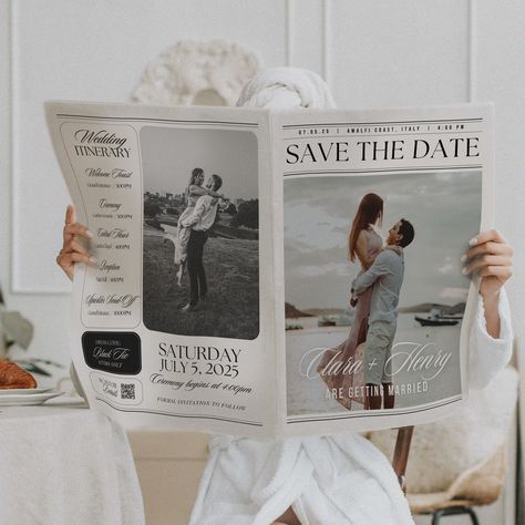 Save The Date Newspaper, Wedding Newspaper, Dream Wedding Decorations, Wedding Itinerary, Future Wedding Plans, Engagement Announcement, Wedding Prep, Cute Wedding Ideas, Wedding Mood Board