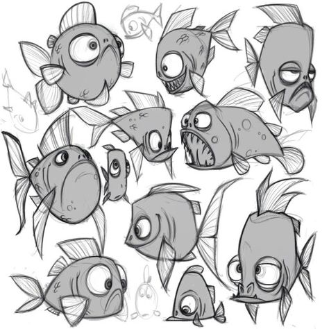 Fishes Fish Character Design, Piranha Tattoo, Fish Character, Kid Drawing, Animal Caricature, Arte Doodle, Drawing Animals, Cartoon Fish, Fish Drawings