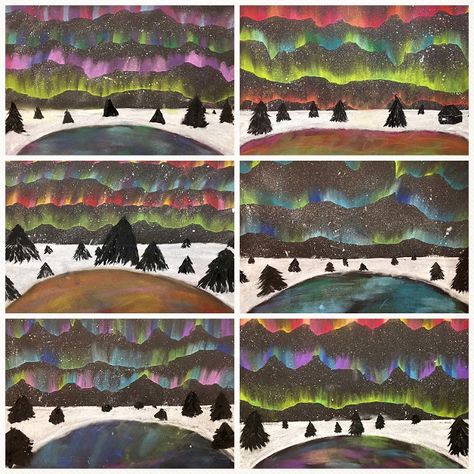 Art Room Britt: Aurora Borealis (Northern Lights) Mixed Media Northern Lights Art Project, Winter Art For Kids, Art 2nd Grade, Aurora Borealis Art, Third Grade Art, Northern Lights Art, January Art, Classe D'art, Winter Art Lesson