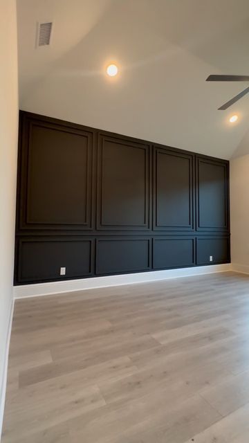 Modern Dining Room Feature Wall, Aesthetic Black Room Ideas, Textured Accent Wall Nursery, Statement Wall Piece, Black Panel Accent Wall Bedroom, Black Accent Living Room Wall, Home Accent Wall Ideas, Bedroom Accent Wall Paneling, Office Room Accent Wall