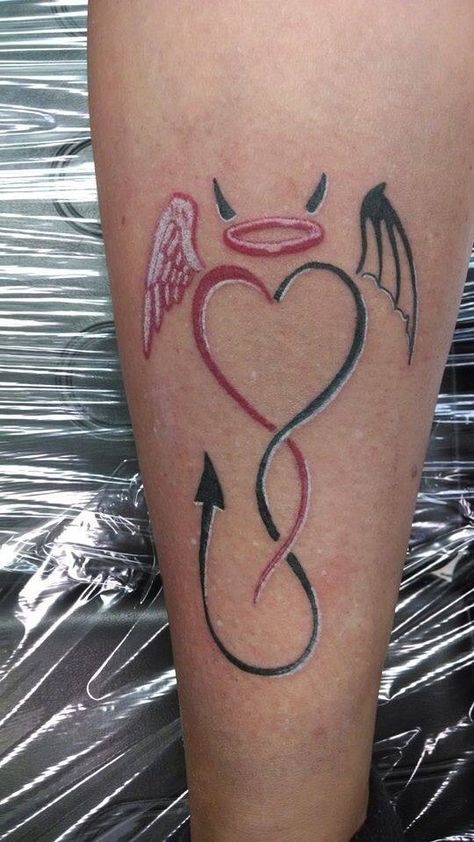 Horns or Halo? Angel With Horns Tattoo, Angel With Horns, Devil Horns Tattoo, Horns Tattoo, Angel Devil Tattoo, Halo Tattoo, Cute Tattoos On Wrist, Devil Tattoo, Men Tattoos