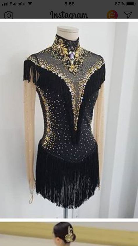 Figure Skating Dress With Fringe, Black And Gold Ice Skating Dress, Black And Gold Figure Skating Dress, Black And Golden Dress, Bachata Outfit, Roller Skating Dress, Ice Dance Dresses, Pretty Dance Costumes, Figure Skating Competition Dresses