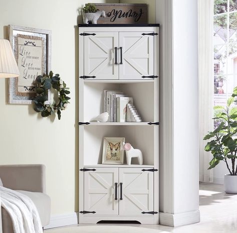 Brand JXQTLINGMU Color White Material Engineered Wood, Metal Product Dimensions 14.1"D x 27"W x 67"H Special Feature Adjustable Shelf Mounting Type Floor Mount [Storage Space Tailored To Your Needs]：Dimensions: 27''(W) x 14.1''(D) x 67''(H).The corner cabinet has adjustable concealed storage shelf at the top and bottom, which can be adjusted to the appropriate height according to actual needs for more hidden storage space. With its streamlined silhouette and natural tones, it saves space while a Corner Bathroom Storage, Farmhouse Corner Cabinet, Tall Corner Cabinet, Bathroom Corner Storage, Cabinet Tall, Corner Display Cabinet, Farmhouse Storage Cabinets, Corner Bathroom, Corner Storage Cabinet