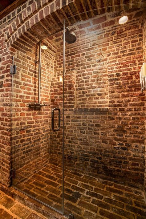 Brick Tile Shower, Exposed Brick Bathroom, Brick Bathroom, Small Half Bathroom, Spa Lighting, Barn House Design, Shower Box, Cement Walls, Barn Style House Plans